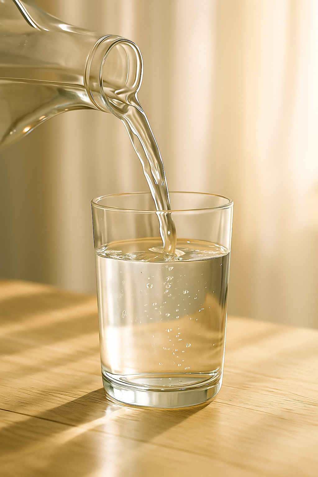 Clear water pouring into a glass with soft light