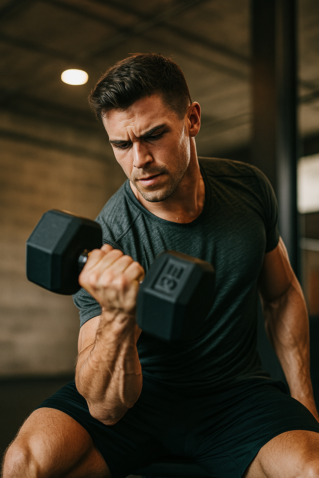 Man training indoors with water bottle